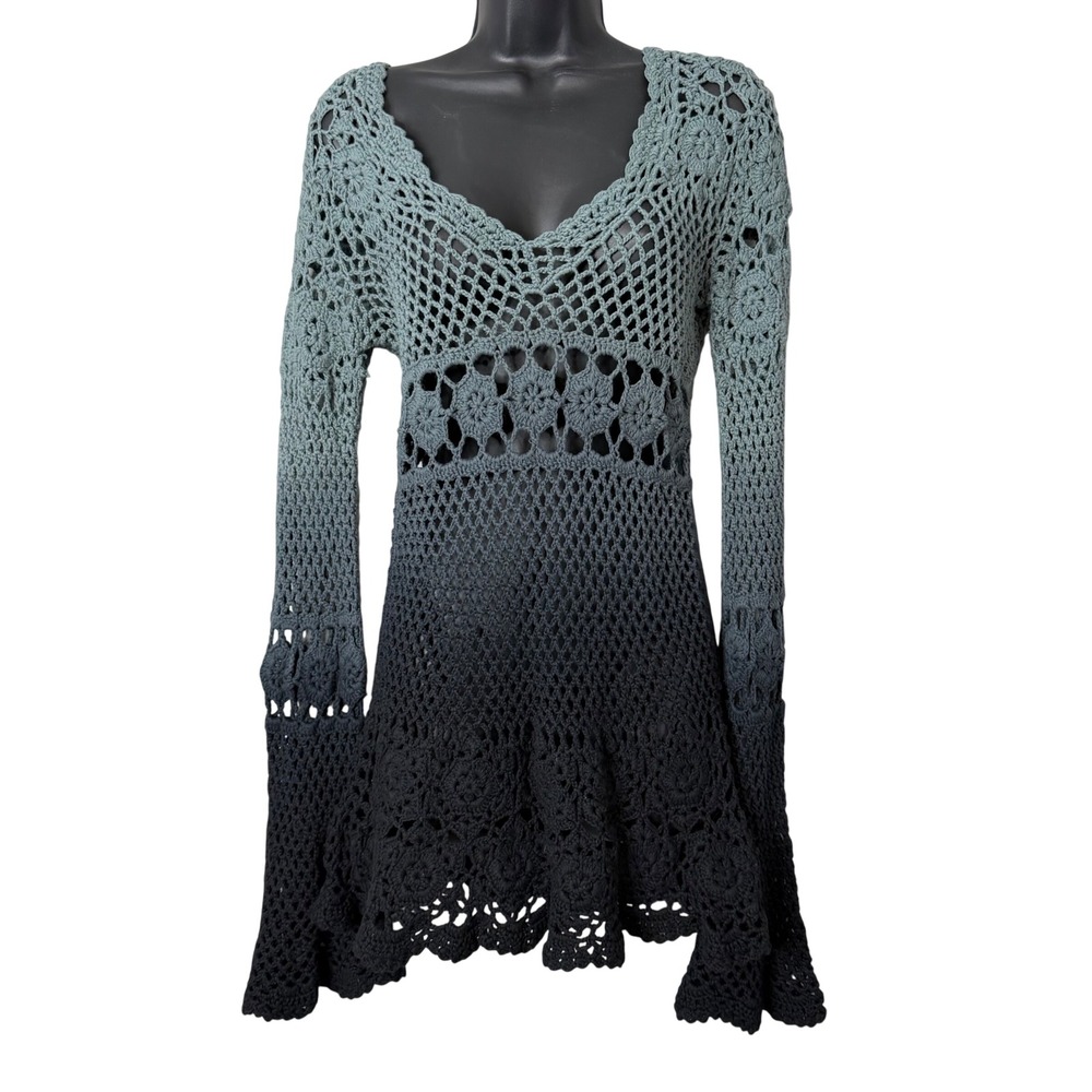 Widow Bottled Appetites Crochet Dress Women XL/XXL Black Green Ombre Bell Sleeve